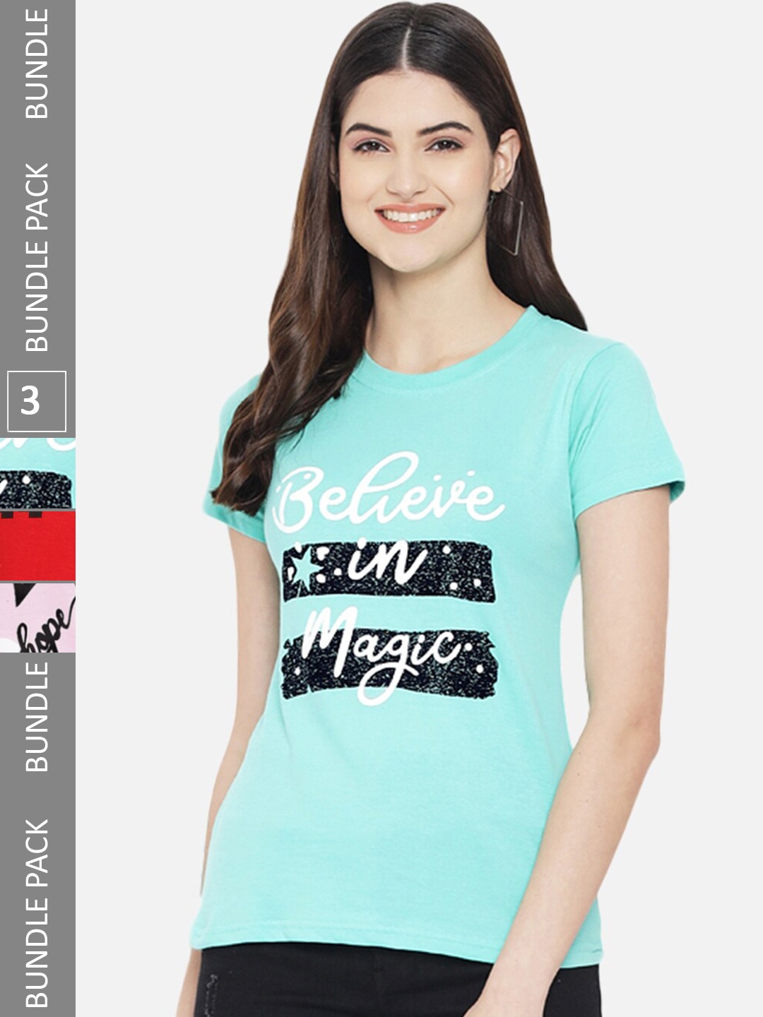 Fabflee Pack Of 3 Printed Cotton T-shirts, Blue