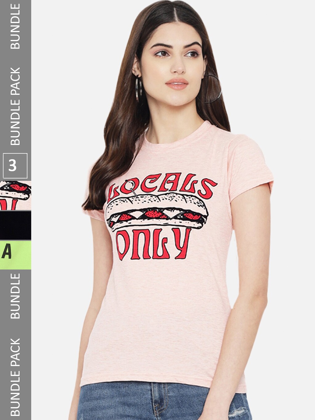 

Fabflee Pack Of 3 Typography Printed Cotton T-shirt, Pink