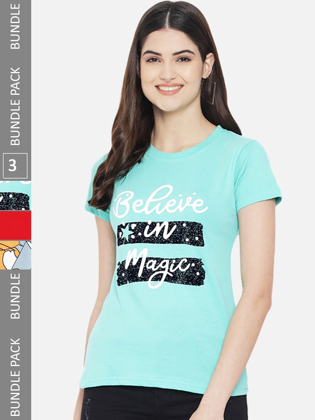 

Fabflee Pack Of 3 Typography Printed Cotton T-shirt, Turquoise blue