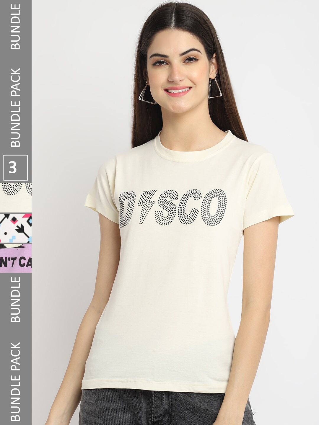 Fabflee Pack Of 3 Typography Printed Cotton Casual T-shirt, Cream