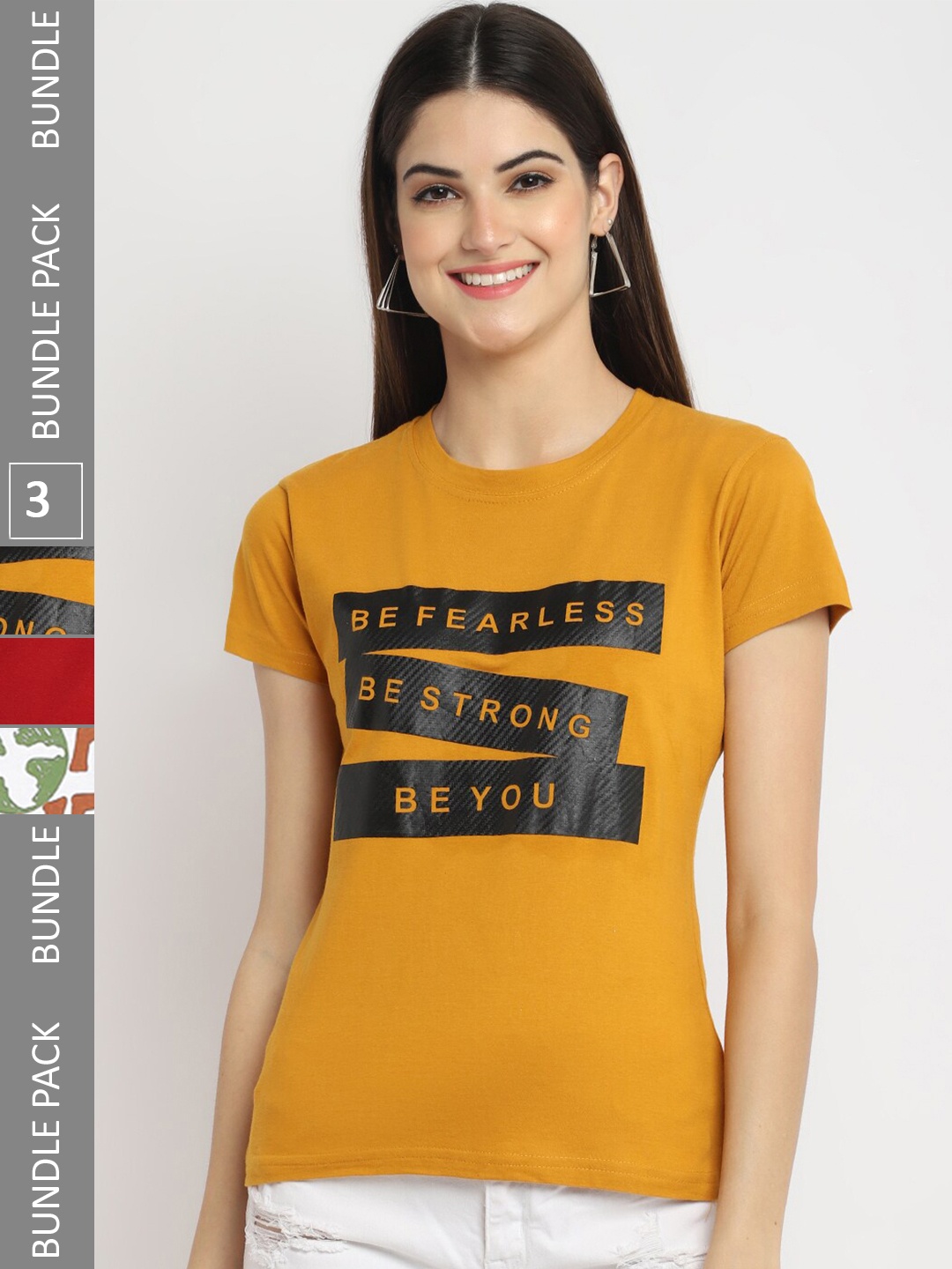 

Fabflee Pack Of 3 Typography Printed Cotton T-shirts, Mustard