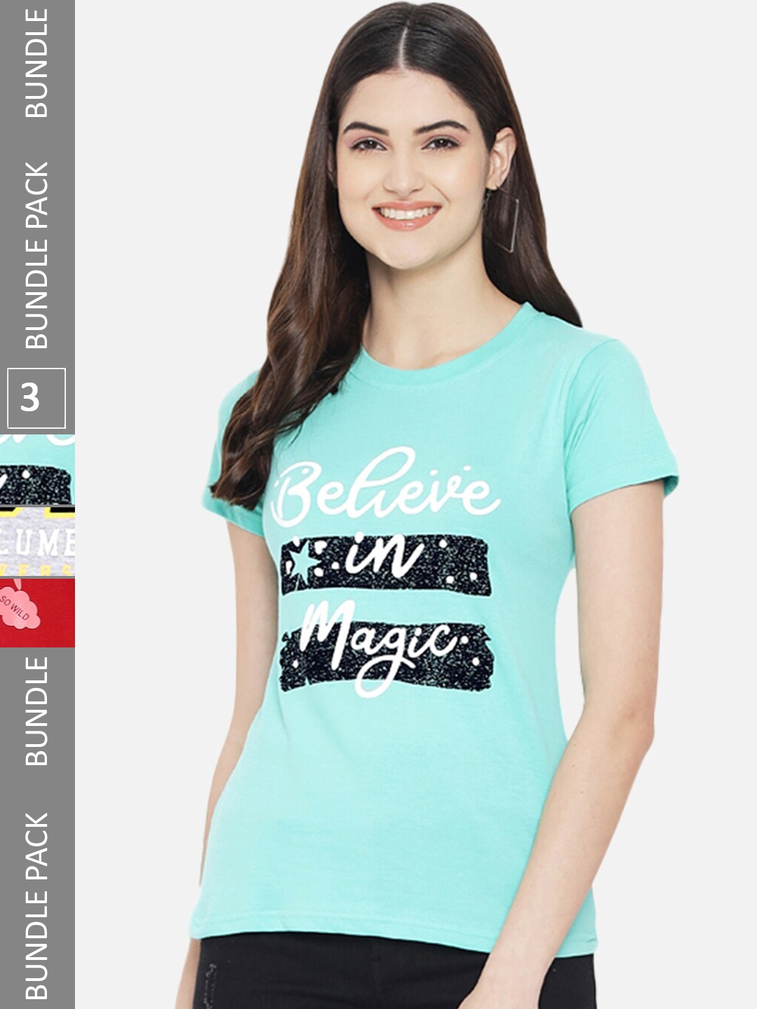 Fabflee Pack Of 3 Printed Cotton T-shirt, Turquoise blue