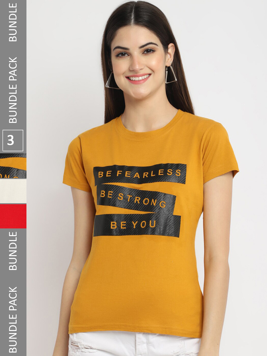 

Fabflee Pack of 3 Printed Cotton T-shirt, Mustard