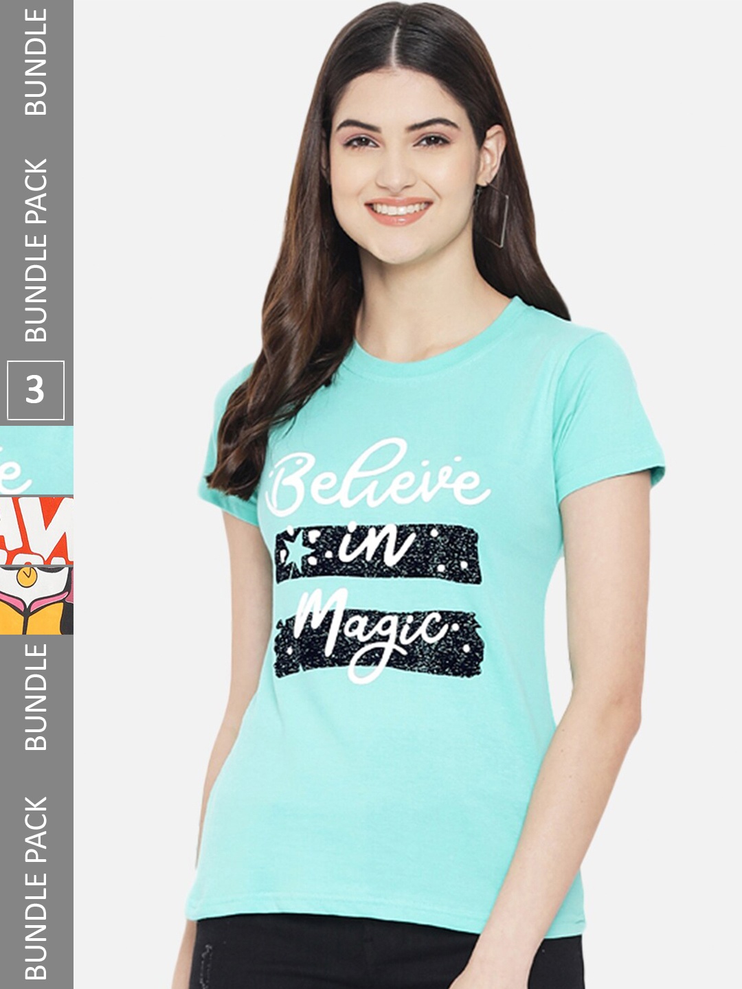 Fabflee Women Multicoloured Typography 3 Printed Applique T-shirt, Multi