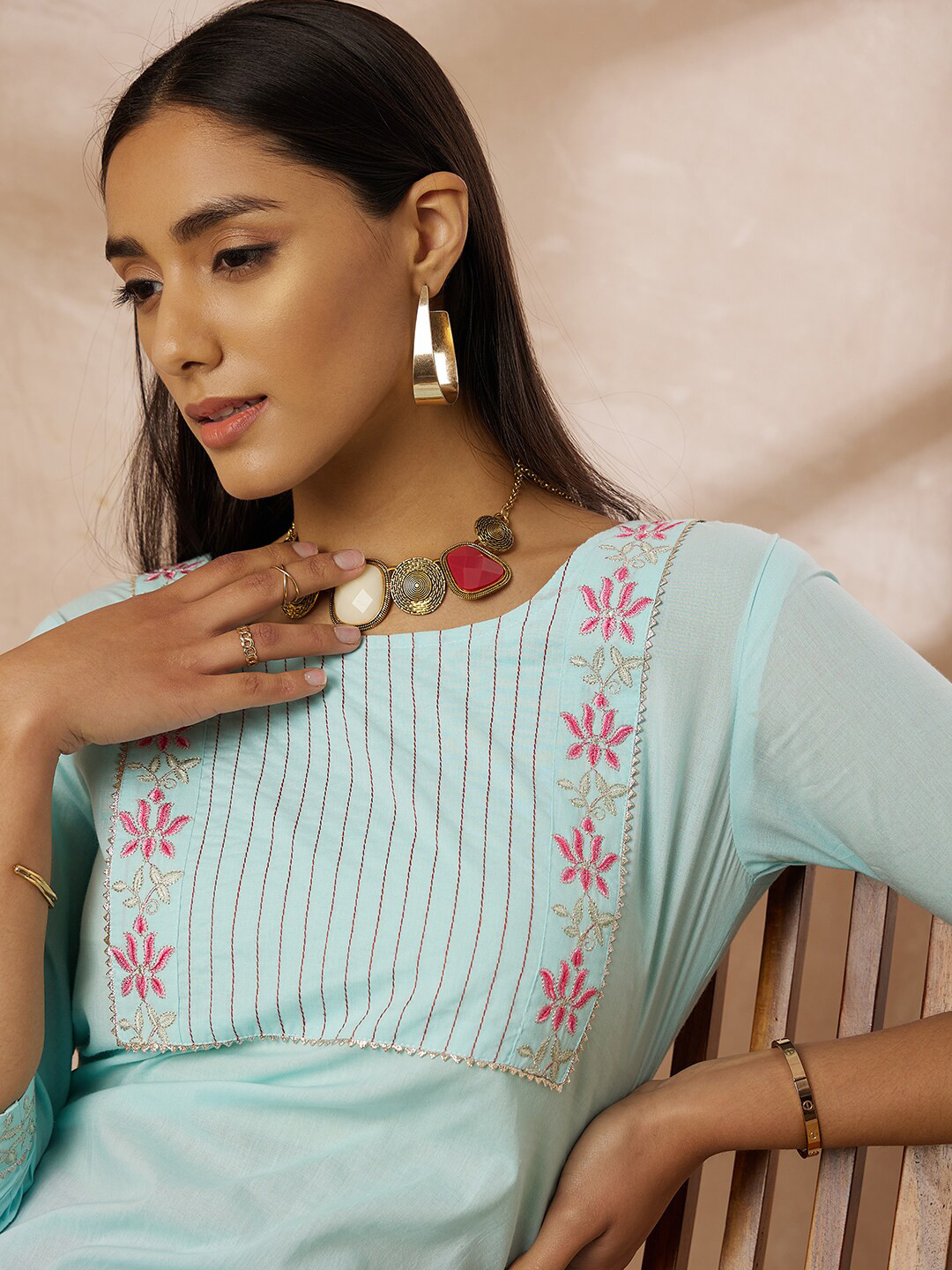 

all about you Floral Embroidered Pure Cotton Gotta Patti Detail Straight Kurta, Blue