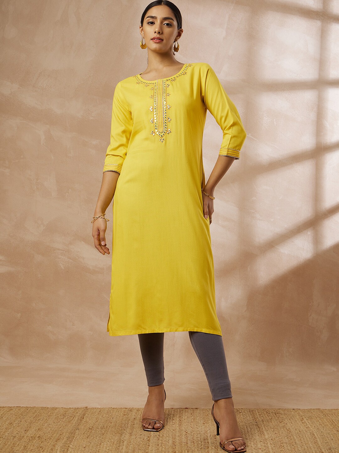 

all about you Geometric Embroidered Pure Cotton Mirror Work Detail Straight Kurta, Yellow