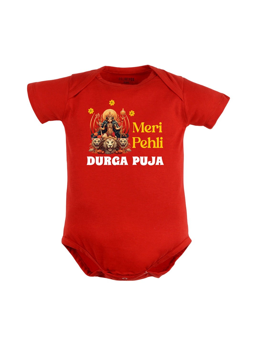 

FFLIRTYGO Infants Pure Cotton Durga Puja Special Printed Bodysuit, Red