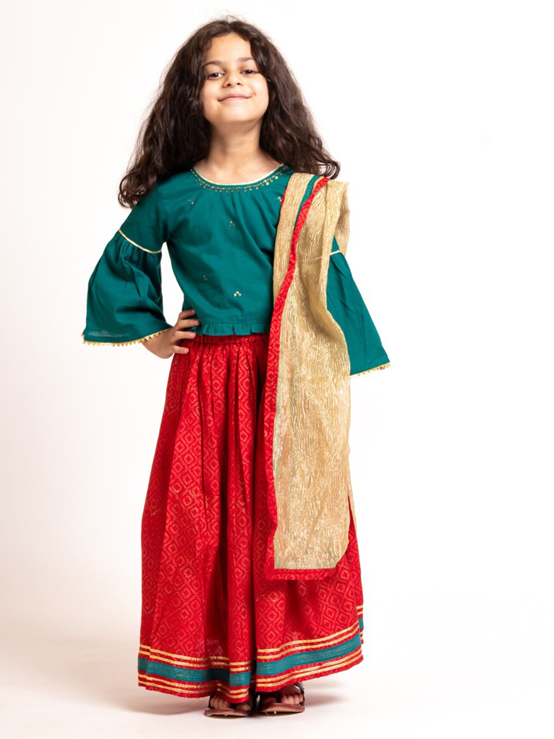 

My Little Lambs Girls Embroidered Cotton Ready To Wear Lehenga & Blouse With Dupatta, Green