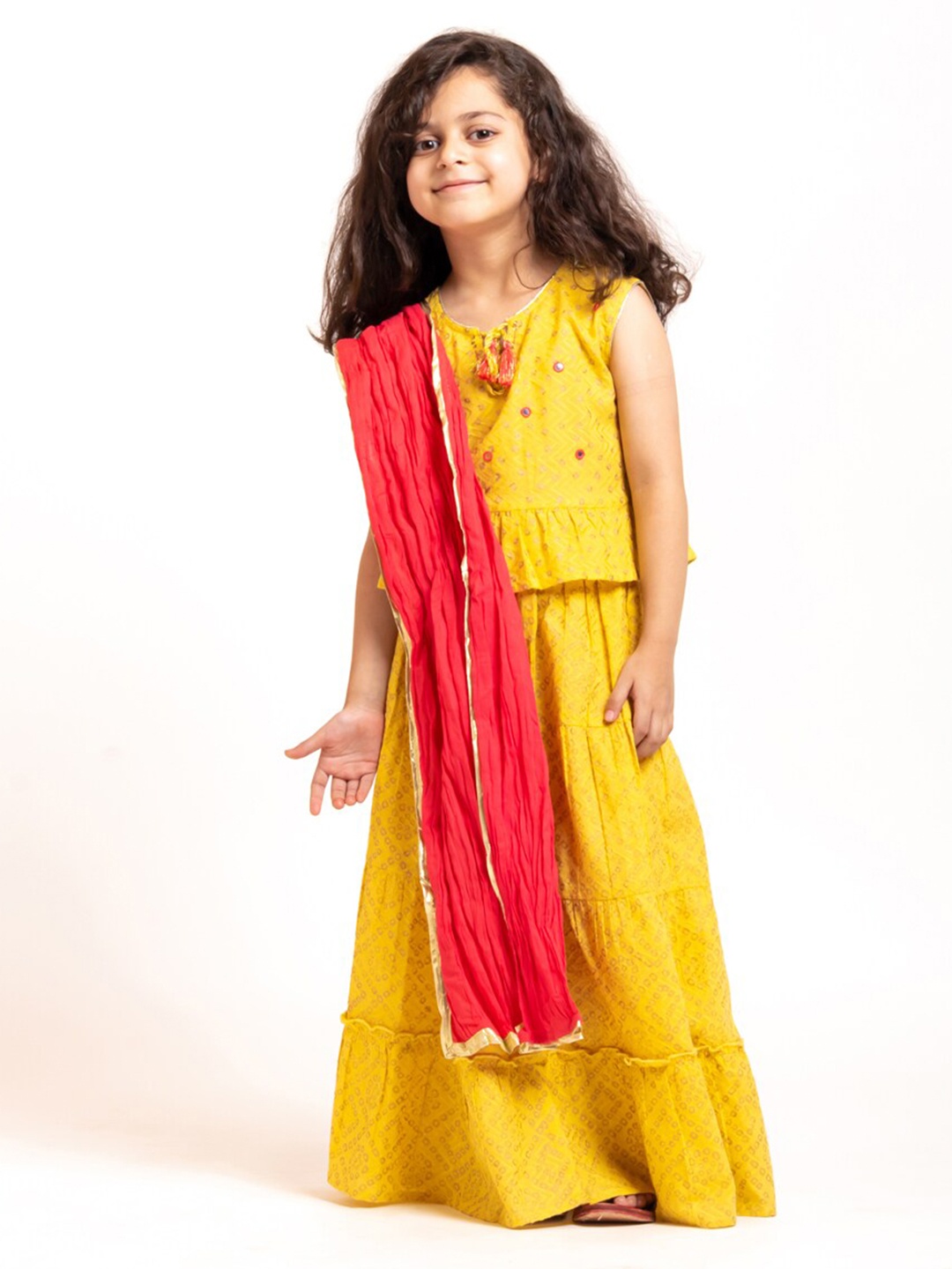 

My Little Lambs Girls Block Printed Pure Cotton Tiered Lehenga & Blouse With Dupatta, Yellow