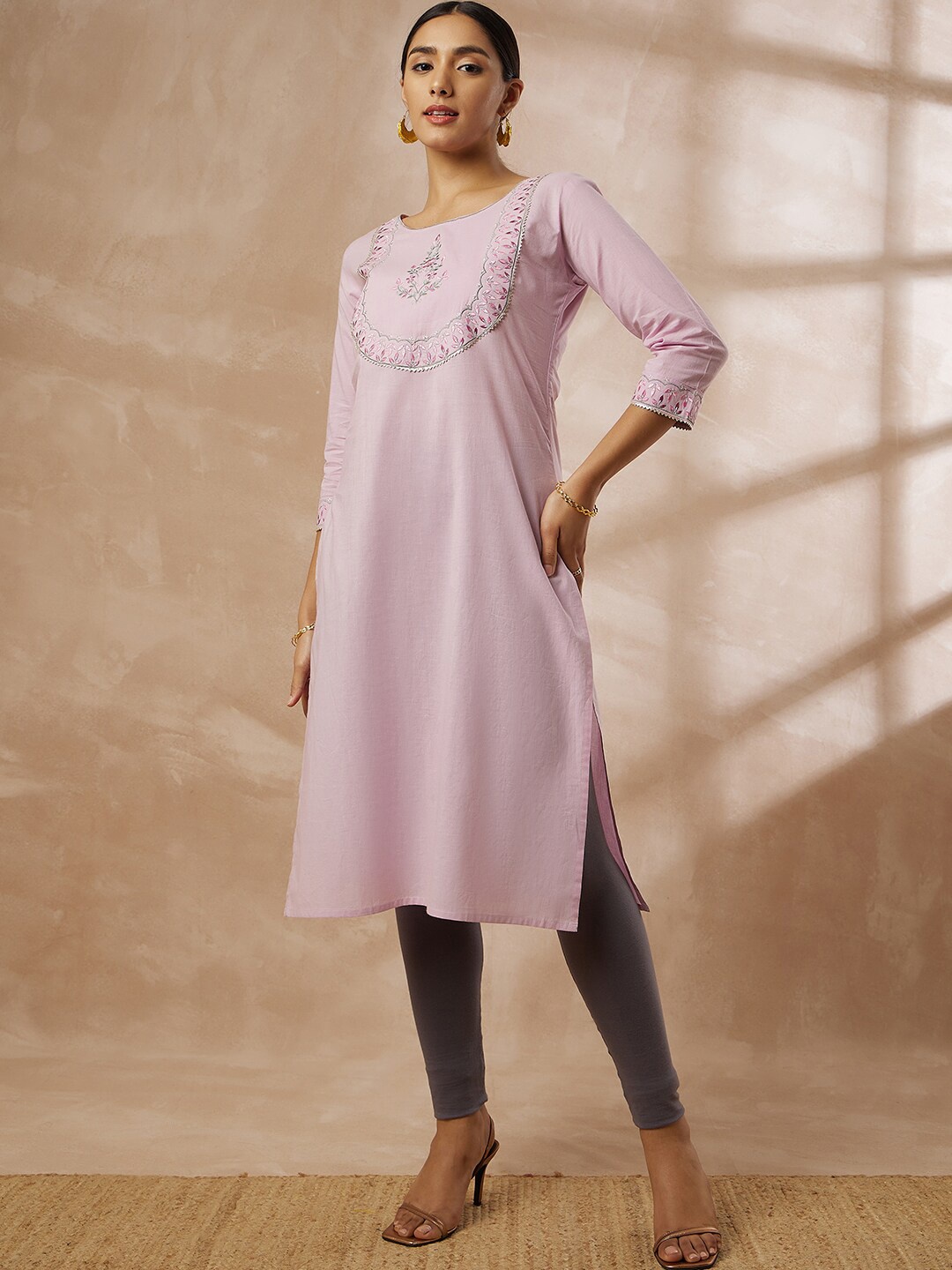 

all about you Floral Embroidered Pure Cotton Straight Kurta, Lavender