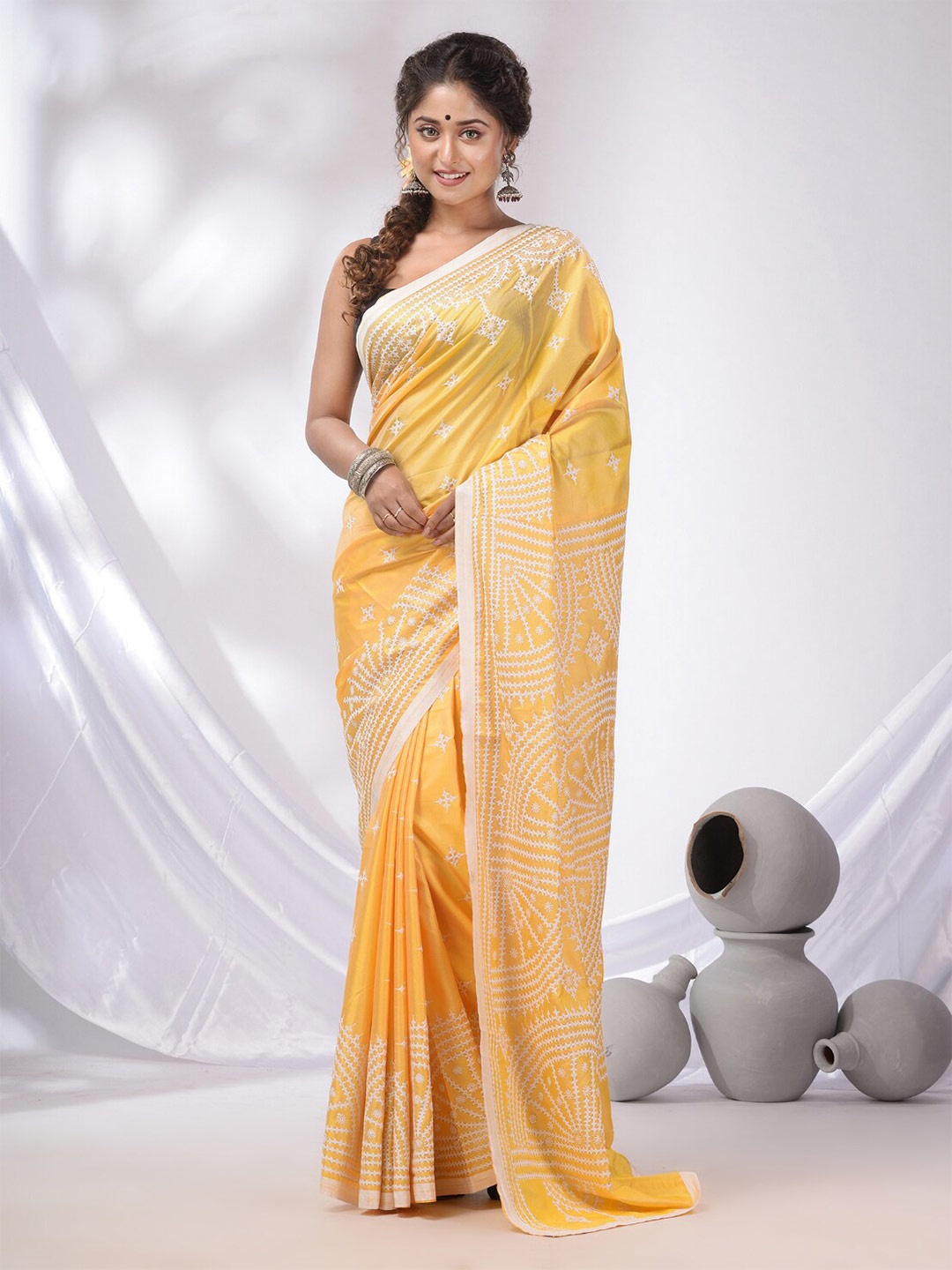 

Charukriti Ethnic Motifs Kantha Work Silk Blend Saree, Yellow