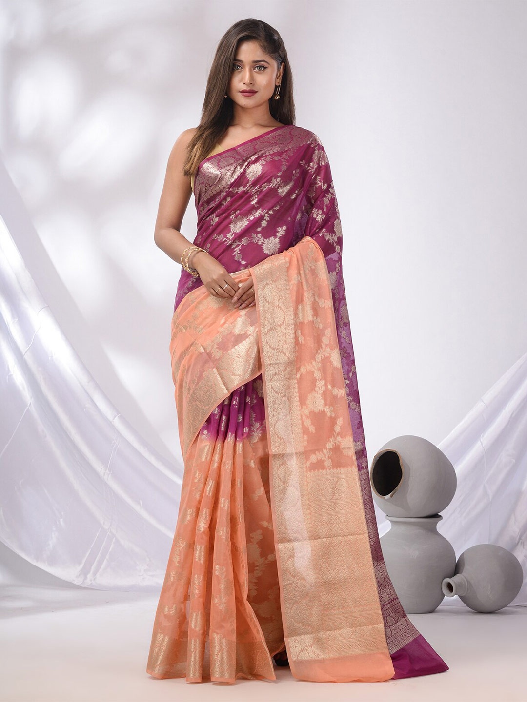 

Charukriti Ethnic Motifs Woven Design Zari Pure Georgette Saree, Peach