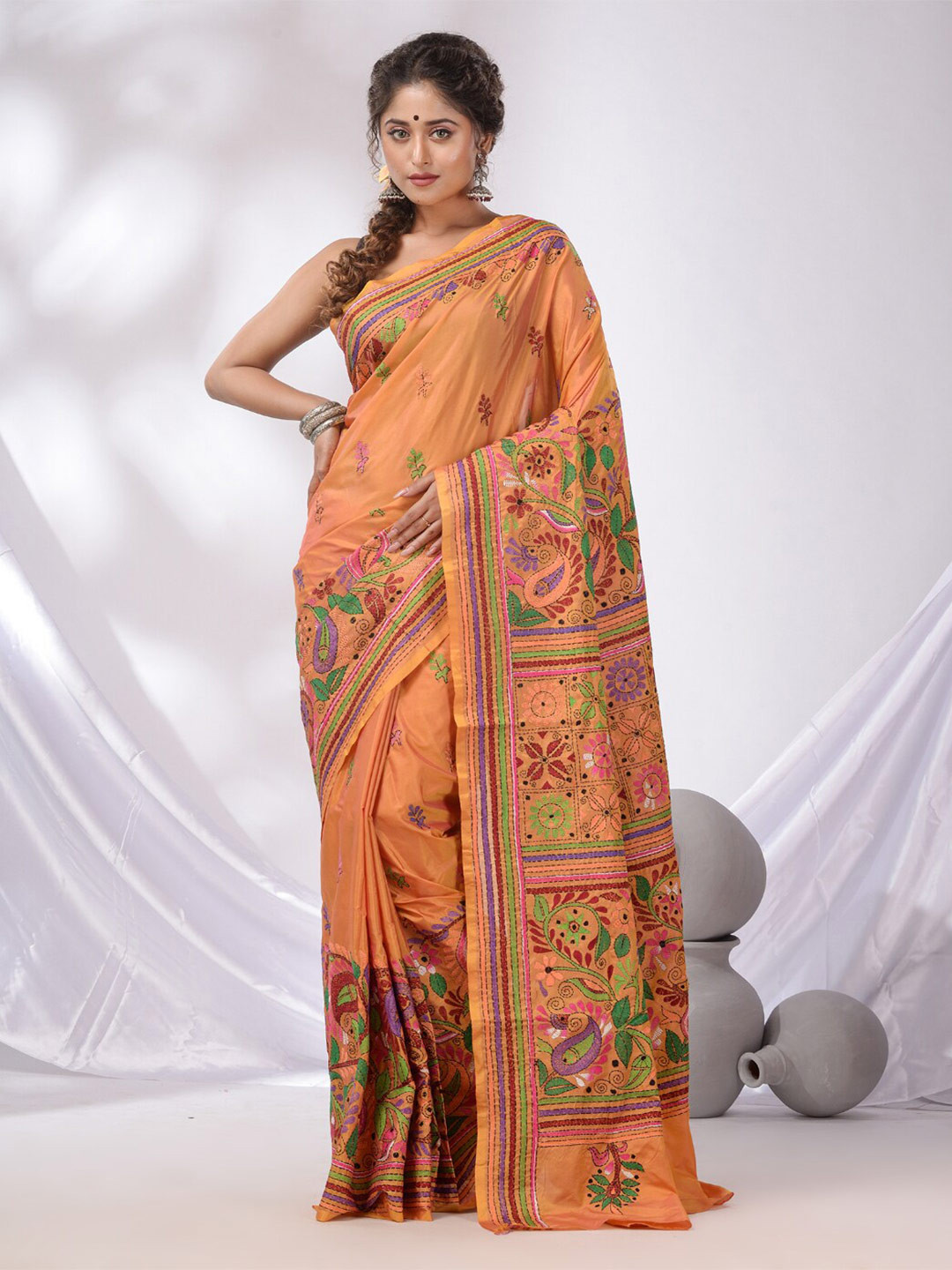 

Charukriti Ethnic Motifs Embroidered Kantha Work Silk Blend Saree, Peach