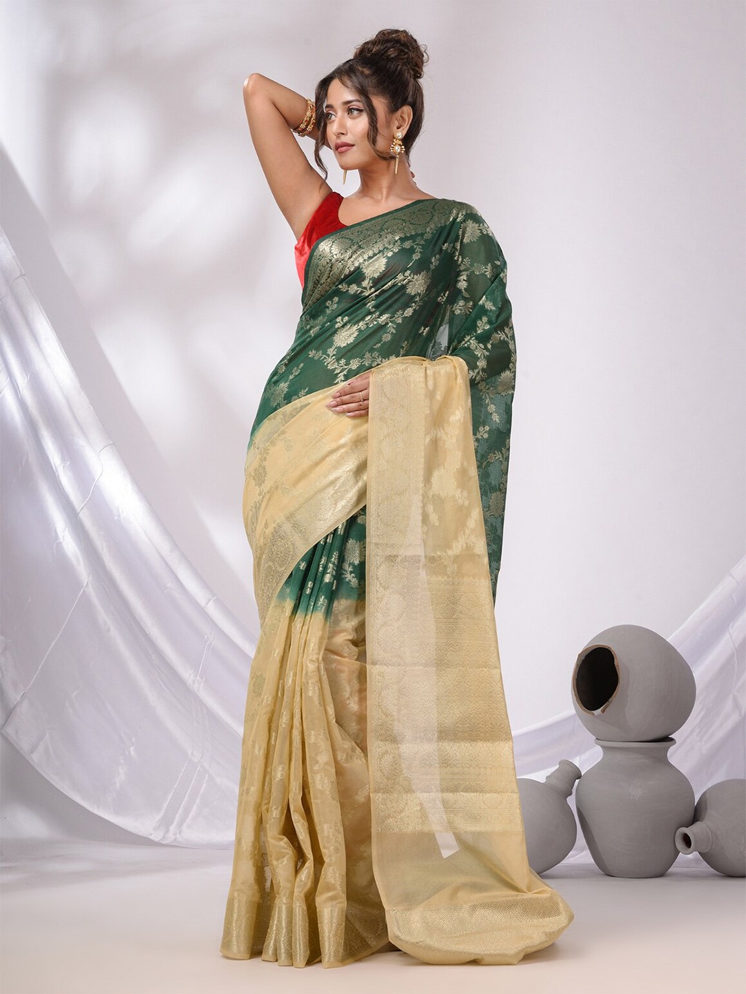 

Charukriti Floral Woven Design Zari Pure Georgette Saree, Beige