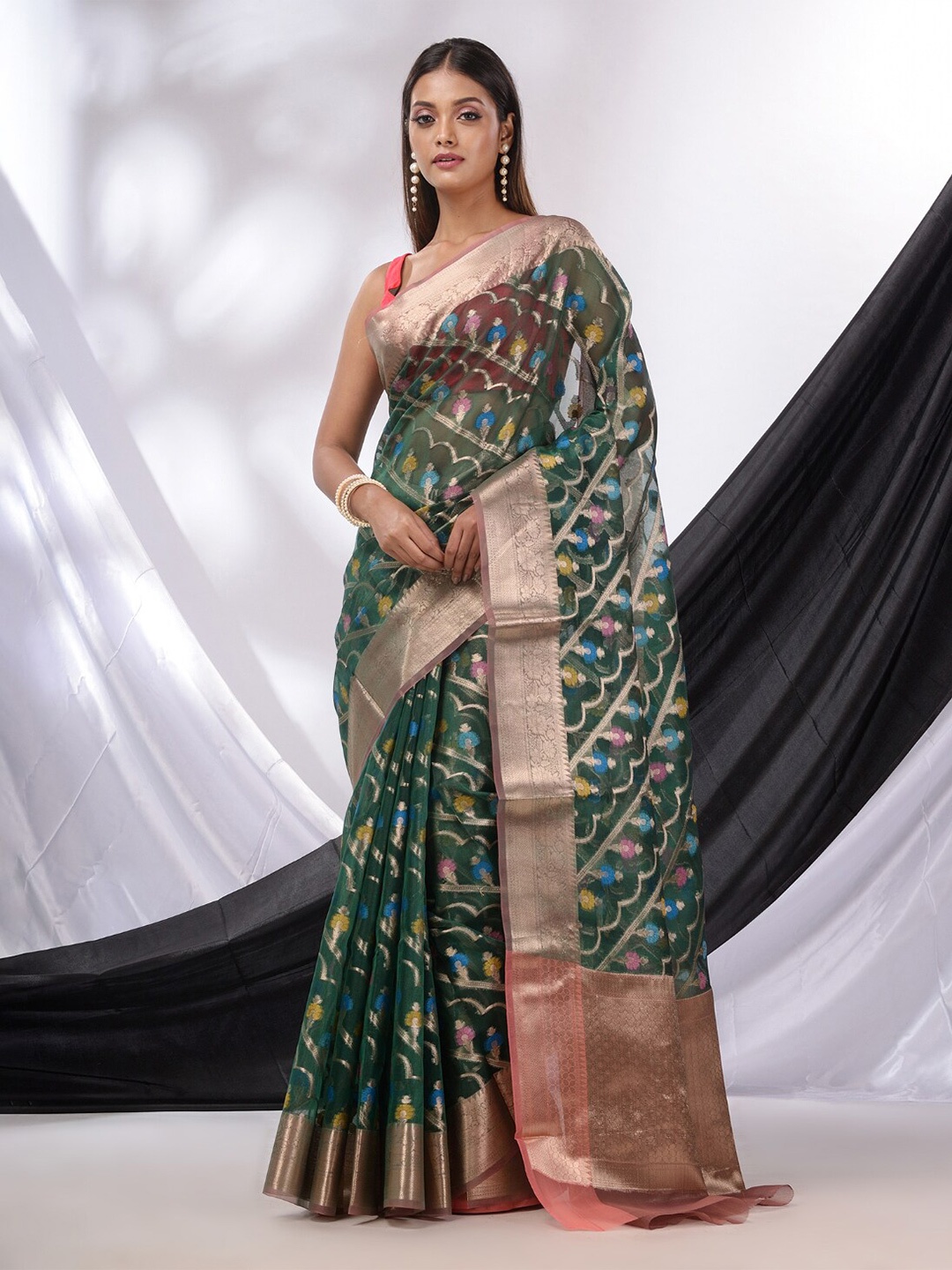 

Charukriti Woven Design Zari Organza Saree, Green
