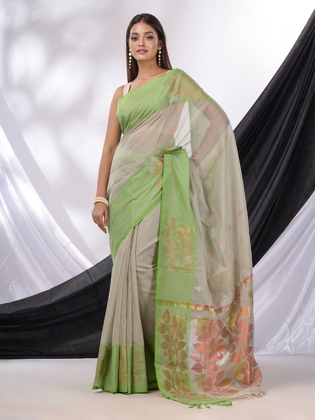 

Charukriti Floral Woven Design Zari Saree, Grey