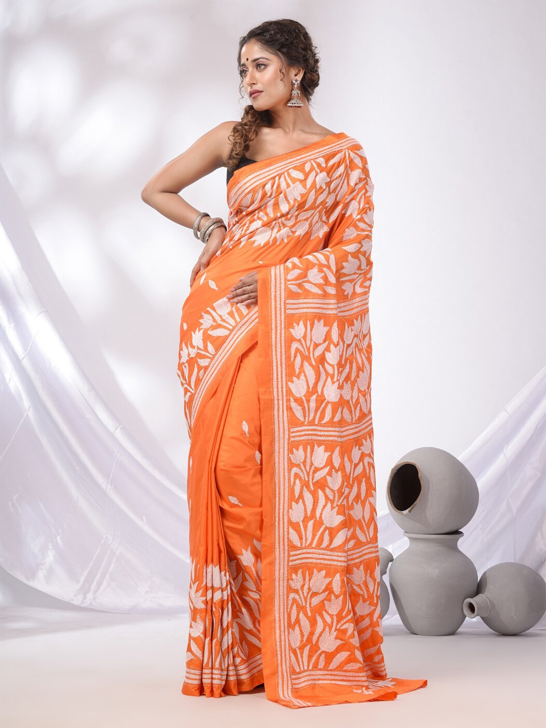 

Charukriti Ethnic Motifs Kantha Work Silk Blend Saree, Orange