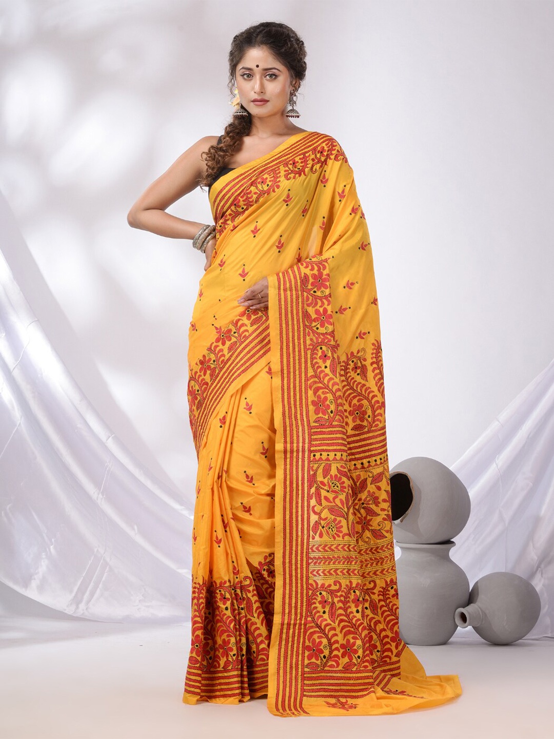 Charukriti Floral Kantha Work Saree, Yellow
