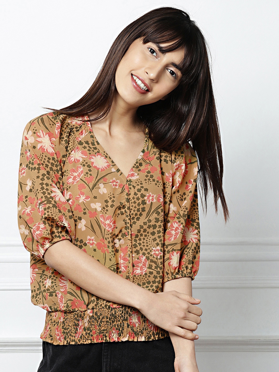 

all about you Women Mustard Brown Floral Print Blouson Top