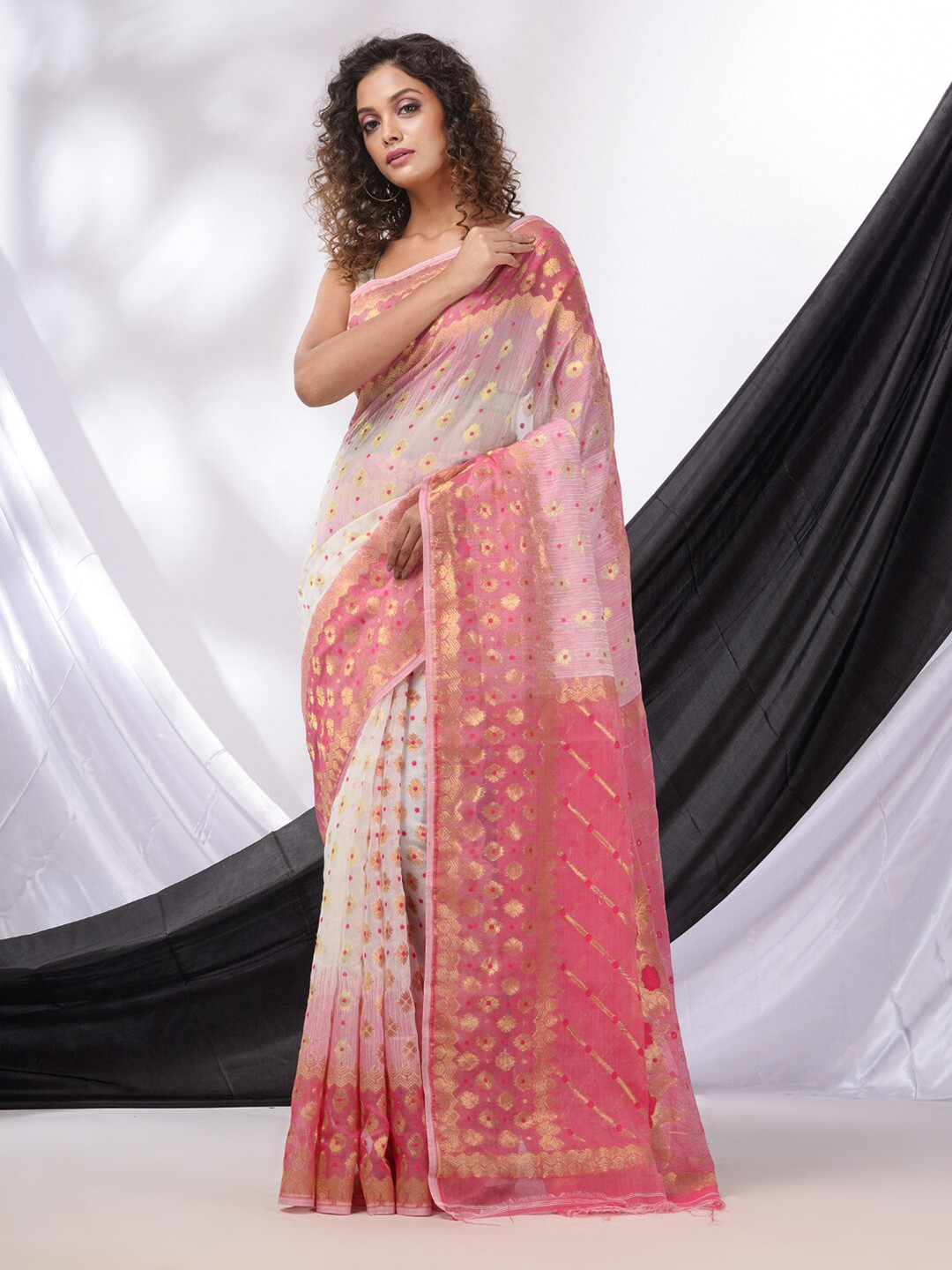

Charukriti Ethnic Motifs Woven Design Zari Silk Cotton Jamdani Saree, White