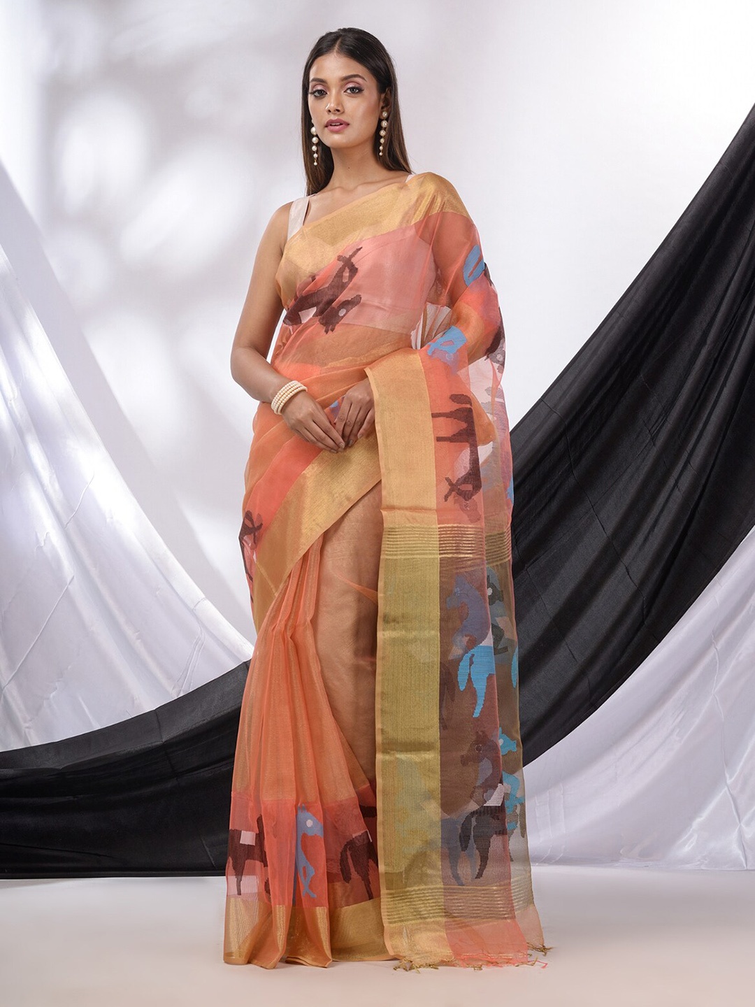 

Charukriti Woven Design Zari Tissue Saree, Peach