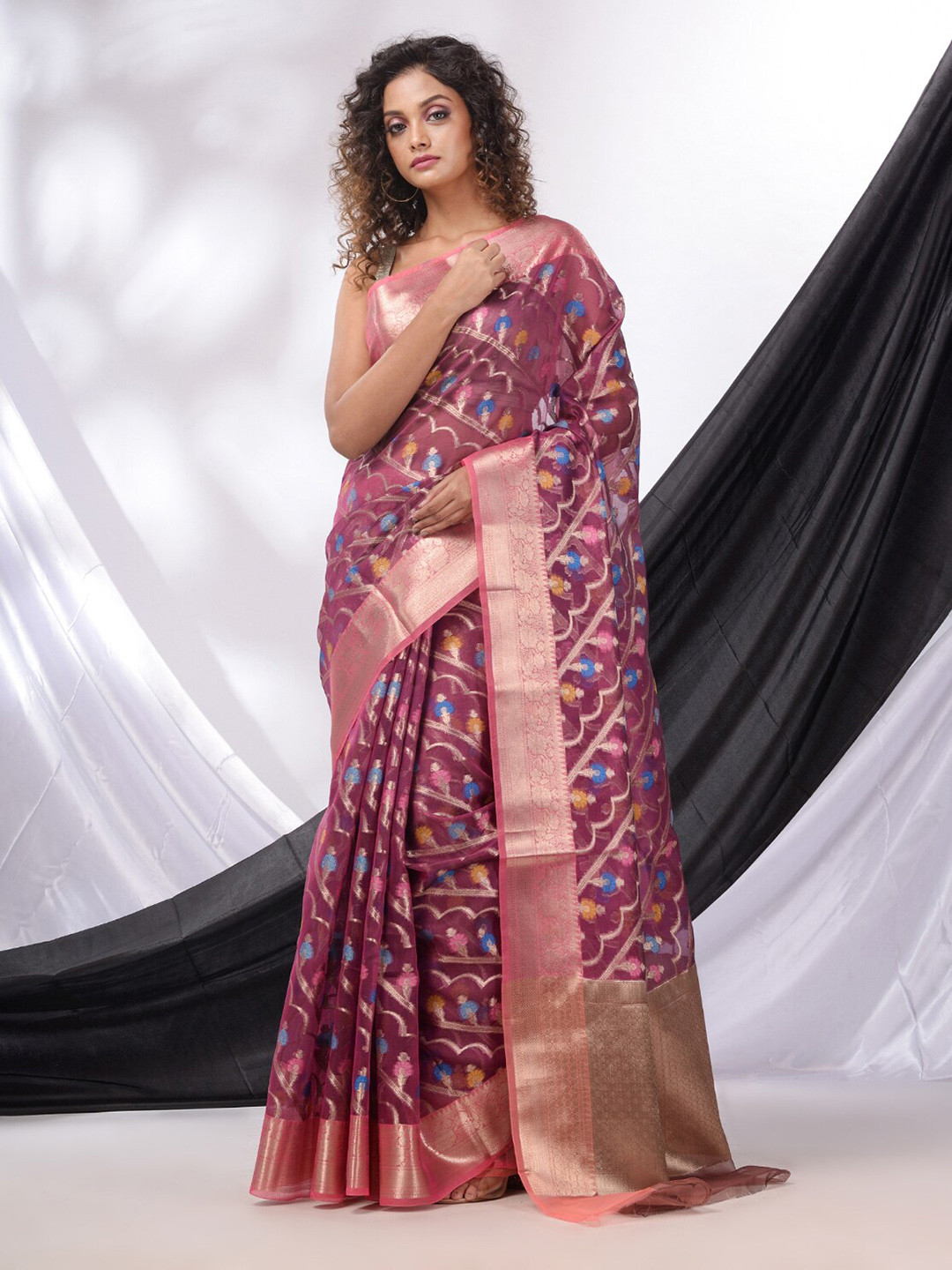 

Charukriti Ethnic Motifs Woven Design Zari Organza Saree, Purple
