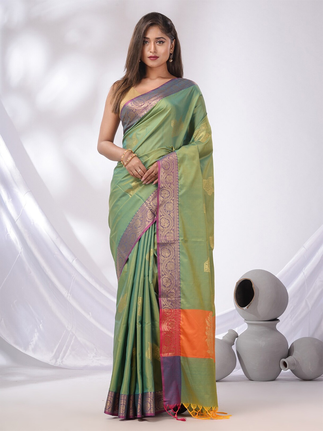 

Charukriti Ethnic Motifs Woven Design Zari Saree, Green