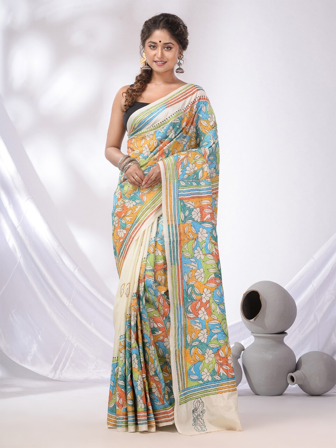 

Charukriti Ethnic Motifs Kantha Work Embroidered Saree, White