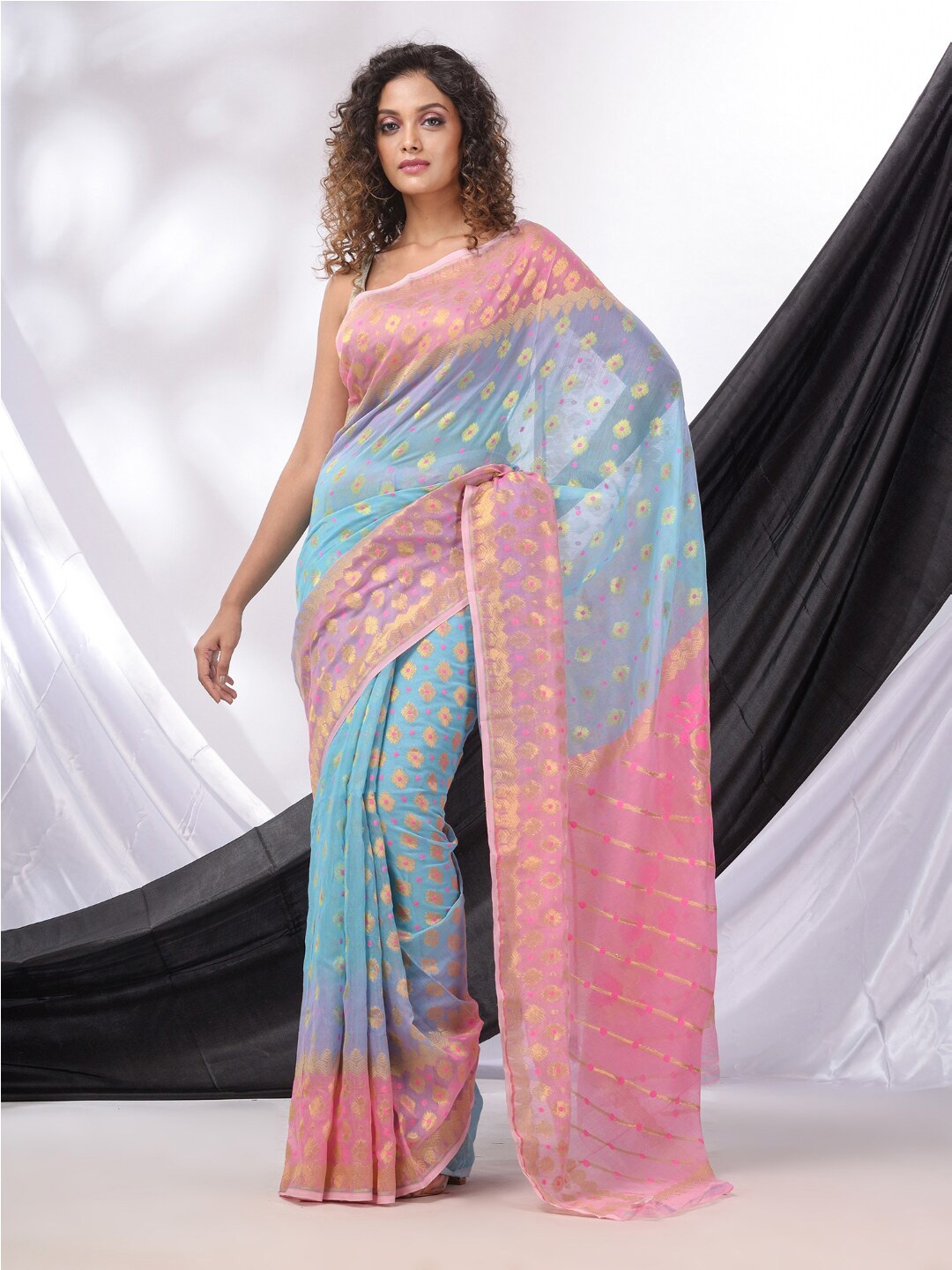 

Charukriti Floral Woven Design Zari Silk Cotton Jamdani Saree, Blue