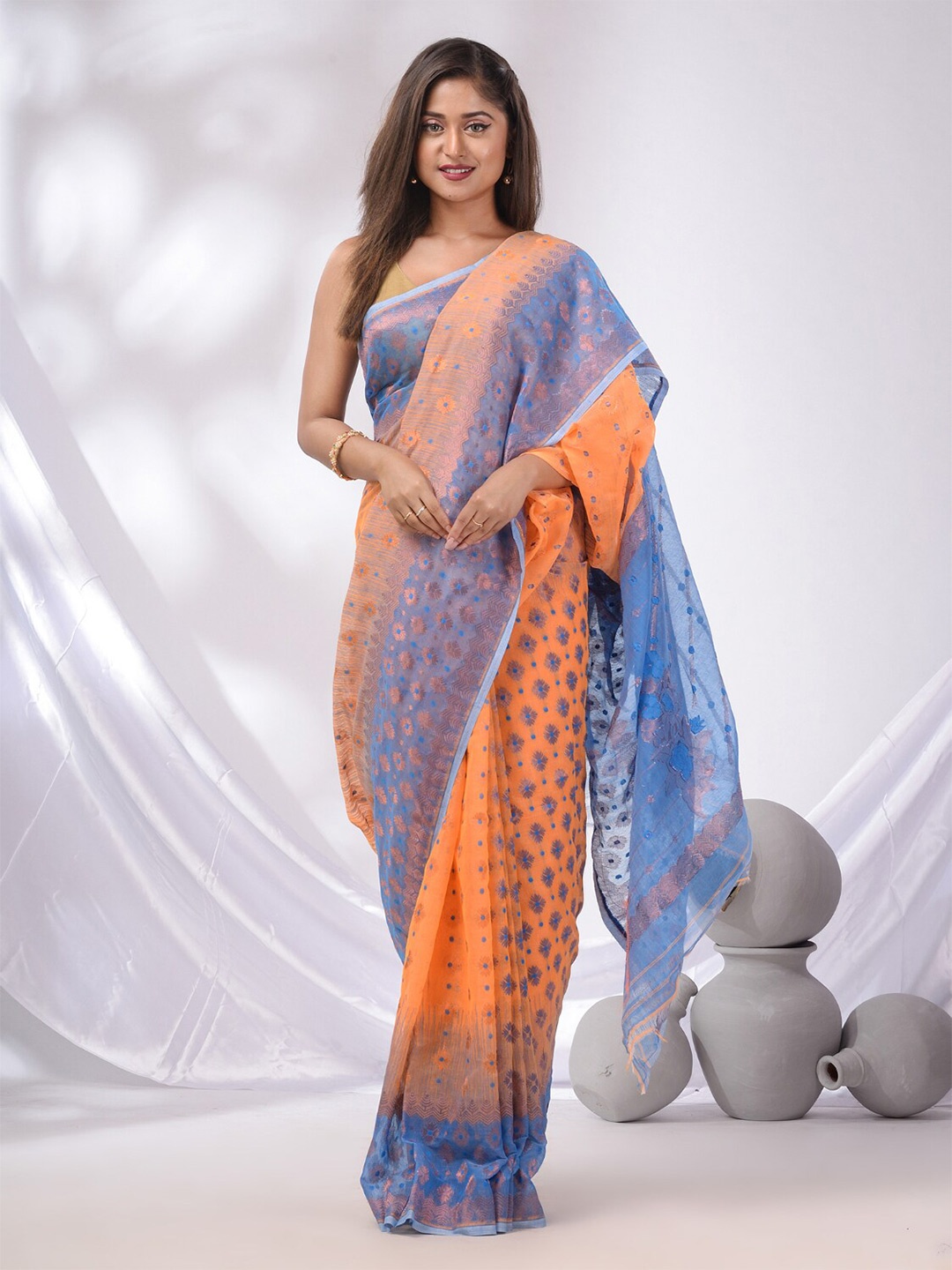 

Charukriti Floral Woven Design Zari Silk Cotton Jamdani Saree, Orange