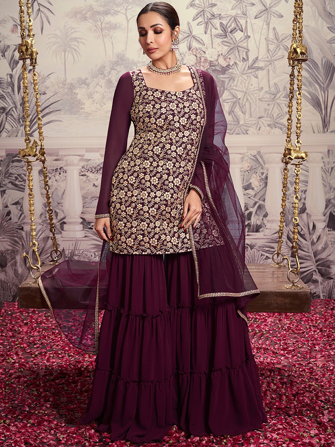 

Inddus Floral Embroidered Square Neck Long Sleeve Sequinned Kurta Set With Dupatta, Burgundy