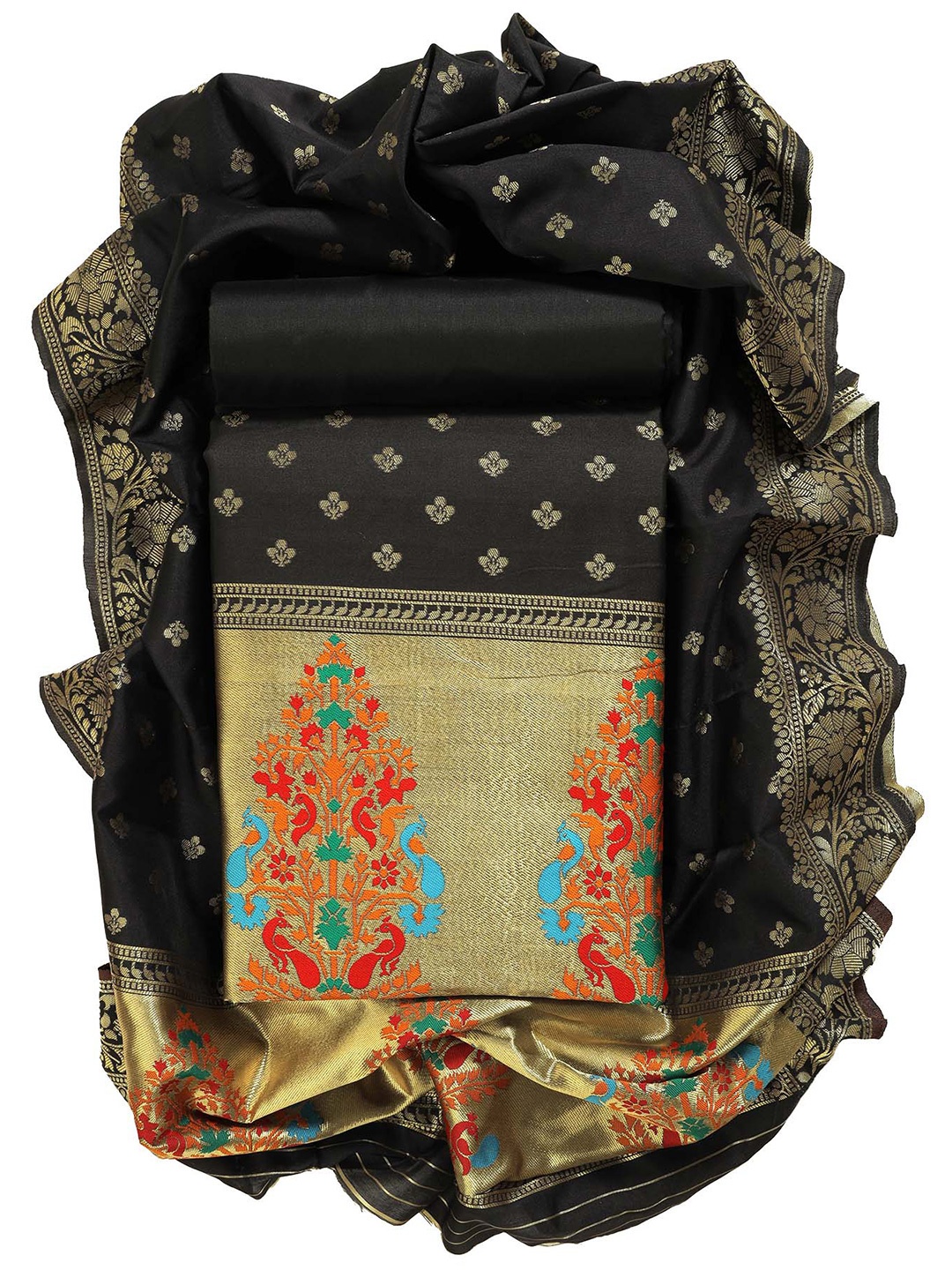 

Sun Fashion And Lifestyle Ethnic Motifs Woven Design Pure Silk Unstitched Dress Material, Black