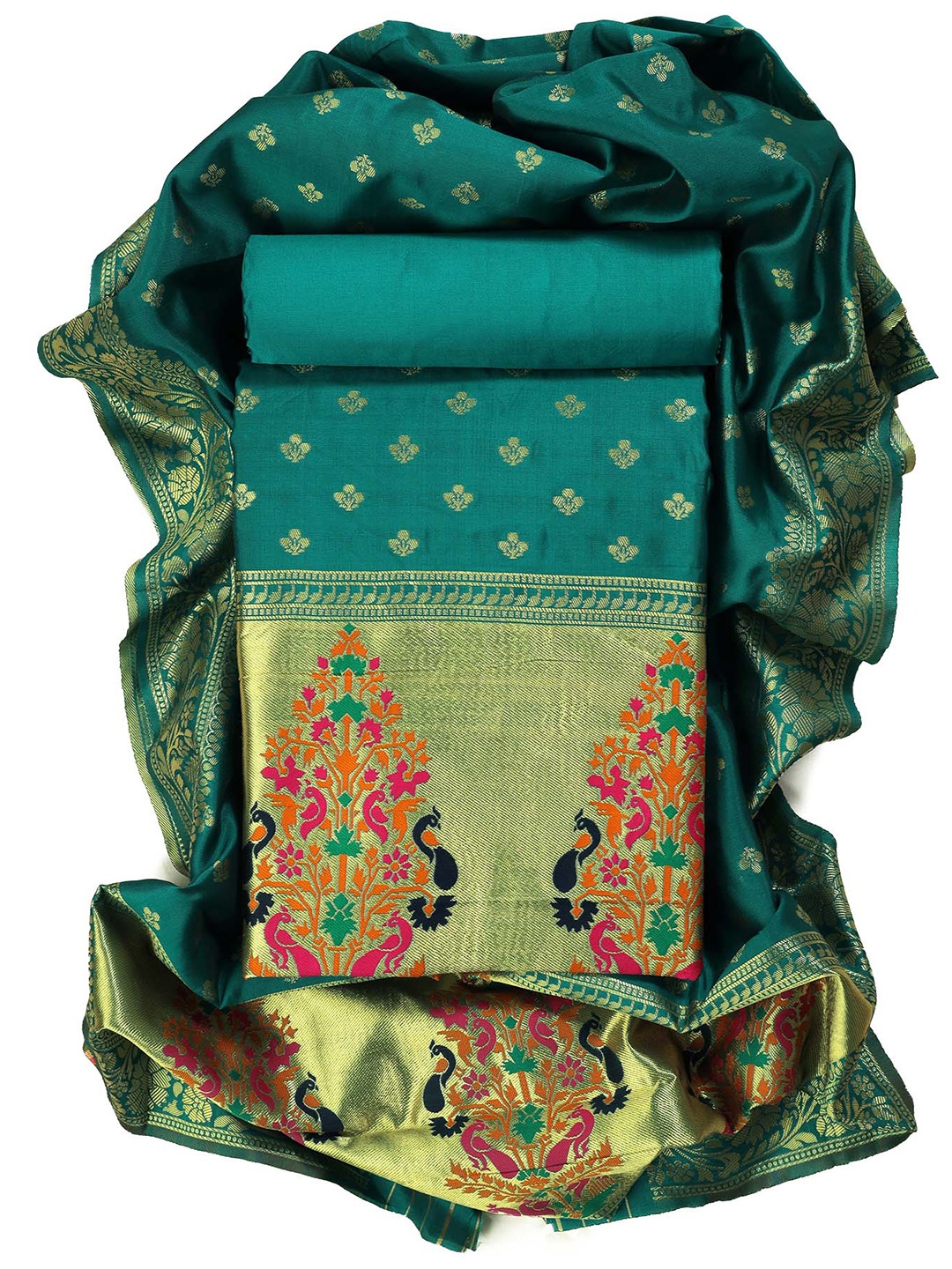 

Sun Fashion And Lifestyle Ethnic Motifs Woven Design Pure Silk Unstitched Dress Material, Sea green