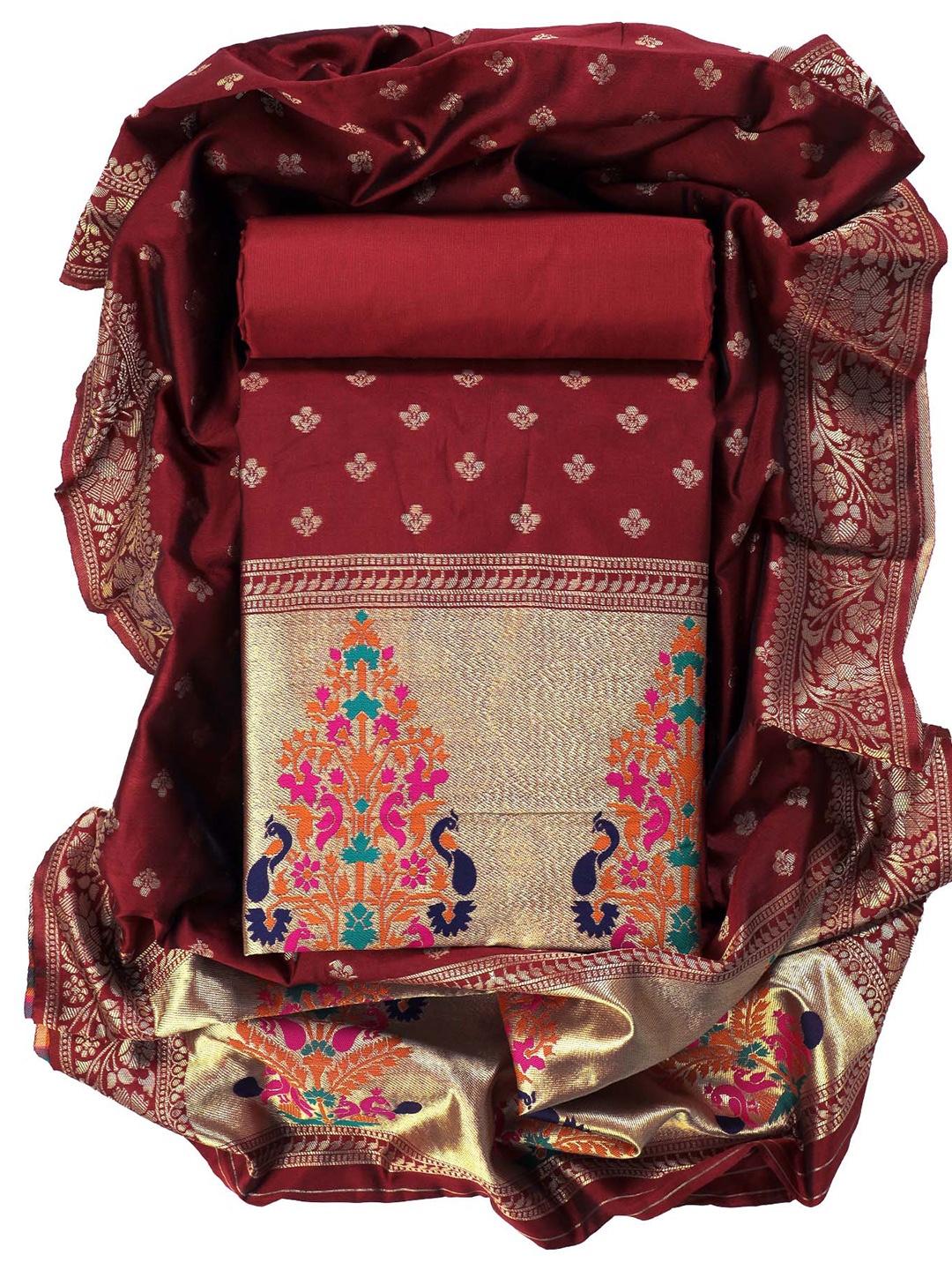 

Sun Fashion And Lifestyle Woven Design Pure Silk Unstitched Dress Material, Red