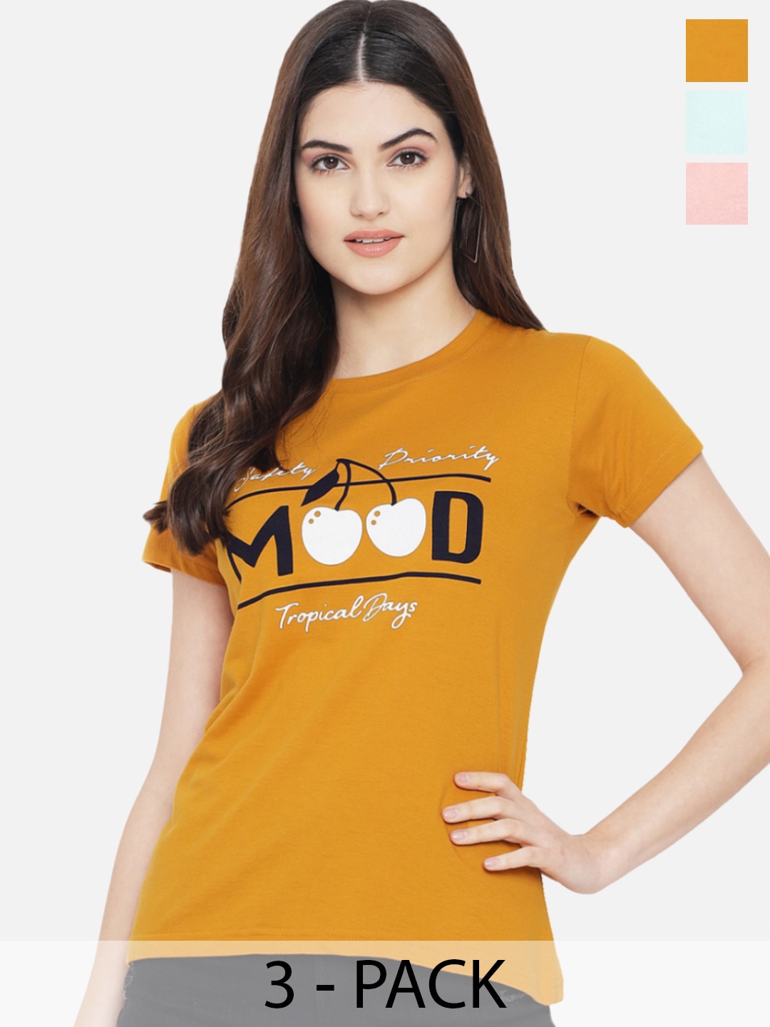 Fabflee Pack Of 3 Typography Printed Cotton T-shirt, Mustard