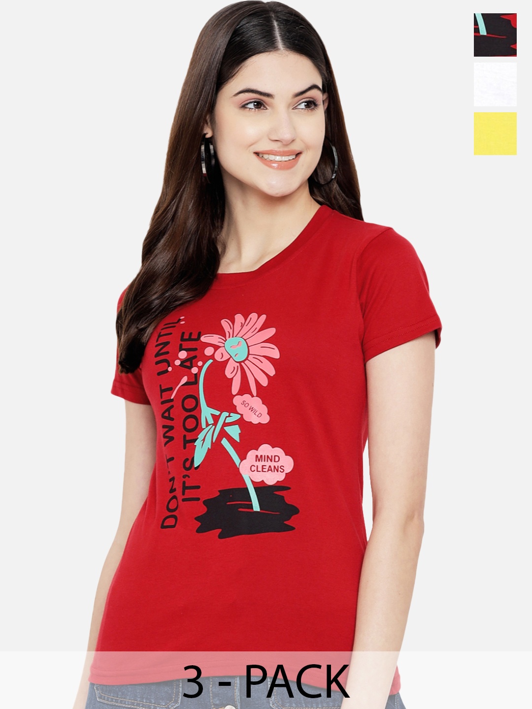 Fabflee Pack Of 3 Typography Printed Cotton T-shirt, Red