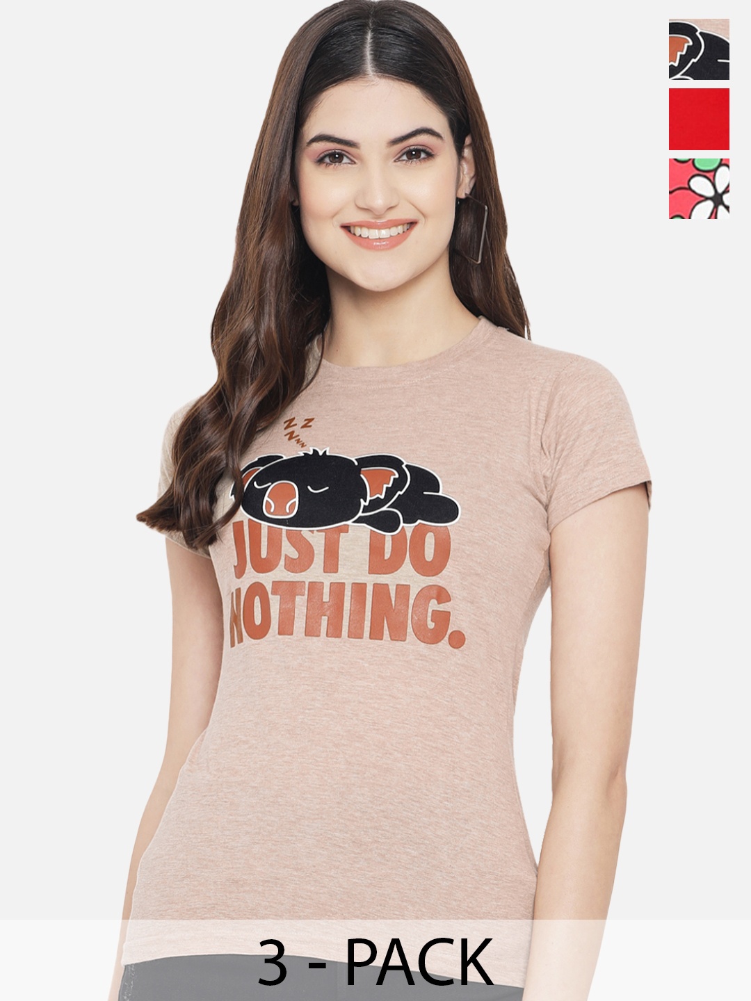

Fabflee Pack of 3 Typography Printed Cotton T-shirt, Beige