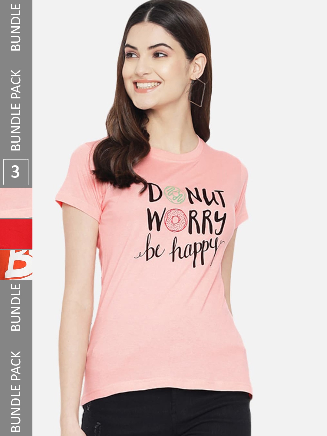 Fabflee Pack of 3 Typography Printed Cotton T-shirt, Pink