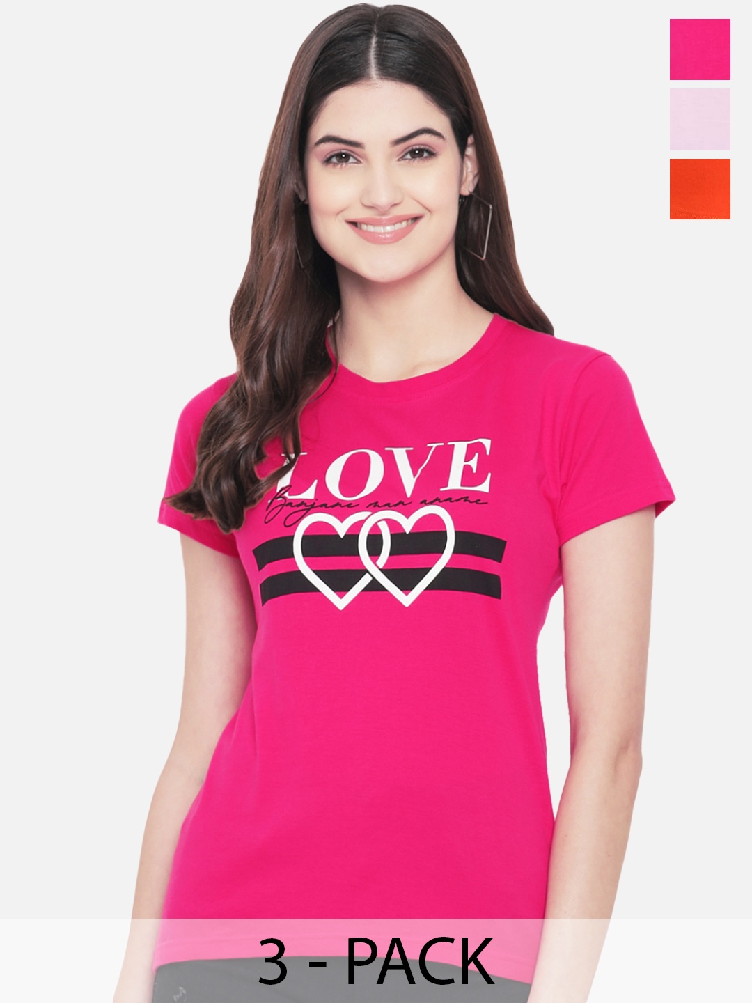 

Fabflee Pack of 3 Typography Printed Cotton T-shirt, Pink