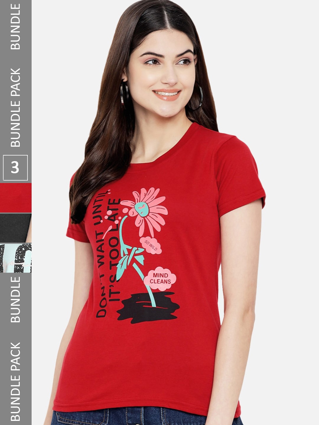 

Fabflee Pack of 3 Typography Printed Cotton T-shirt, Red