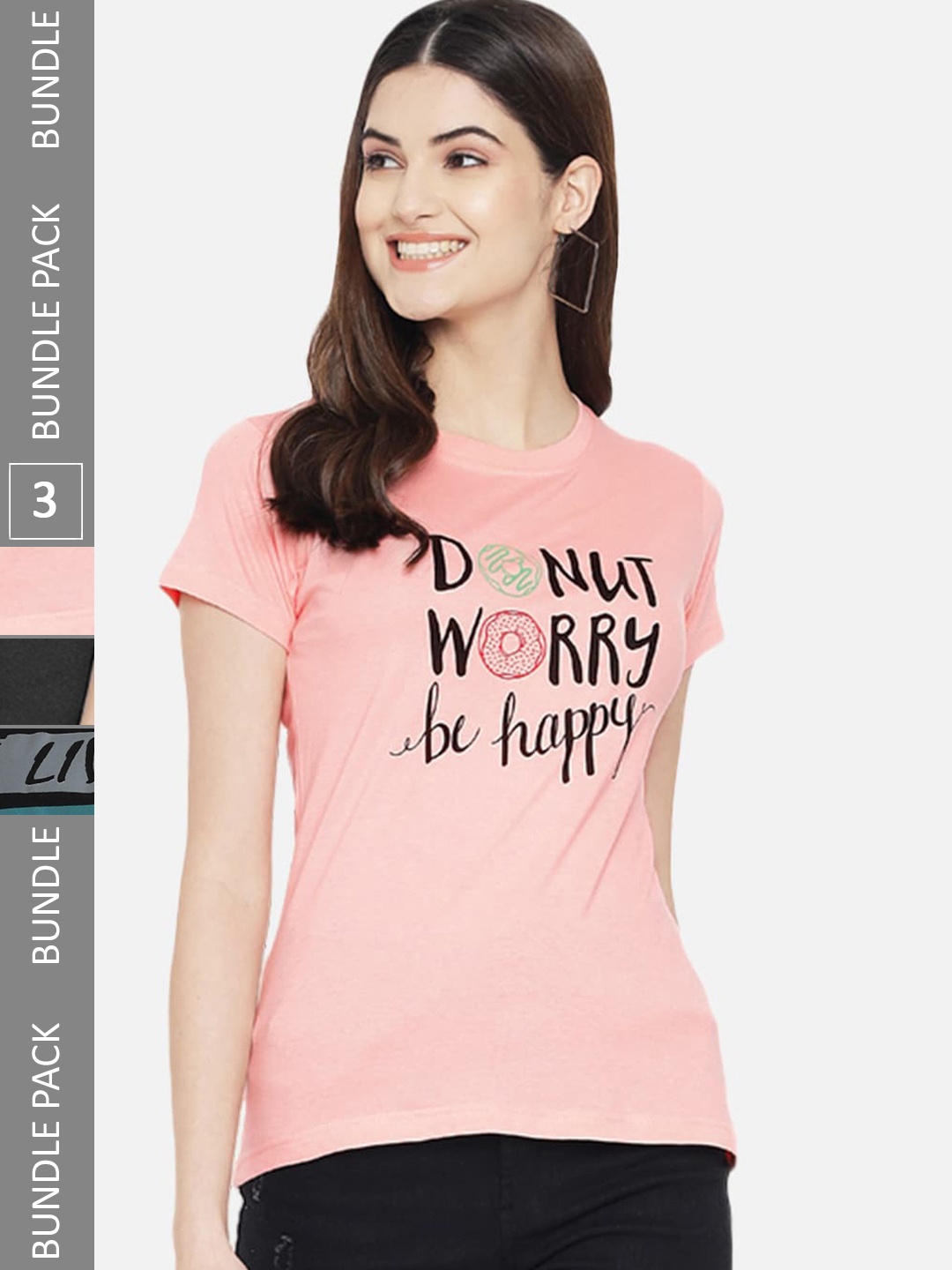 

Fabflee Pack of 3 Typography Printed Cotton T-shirt, Pink
