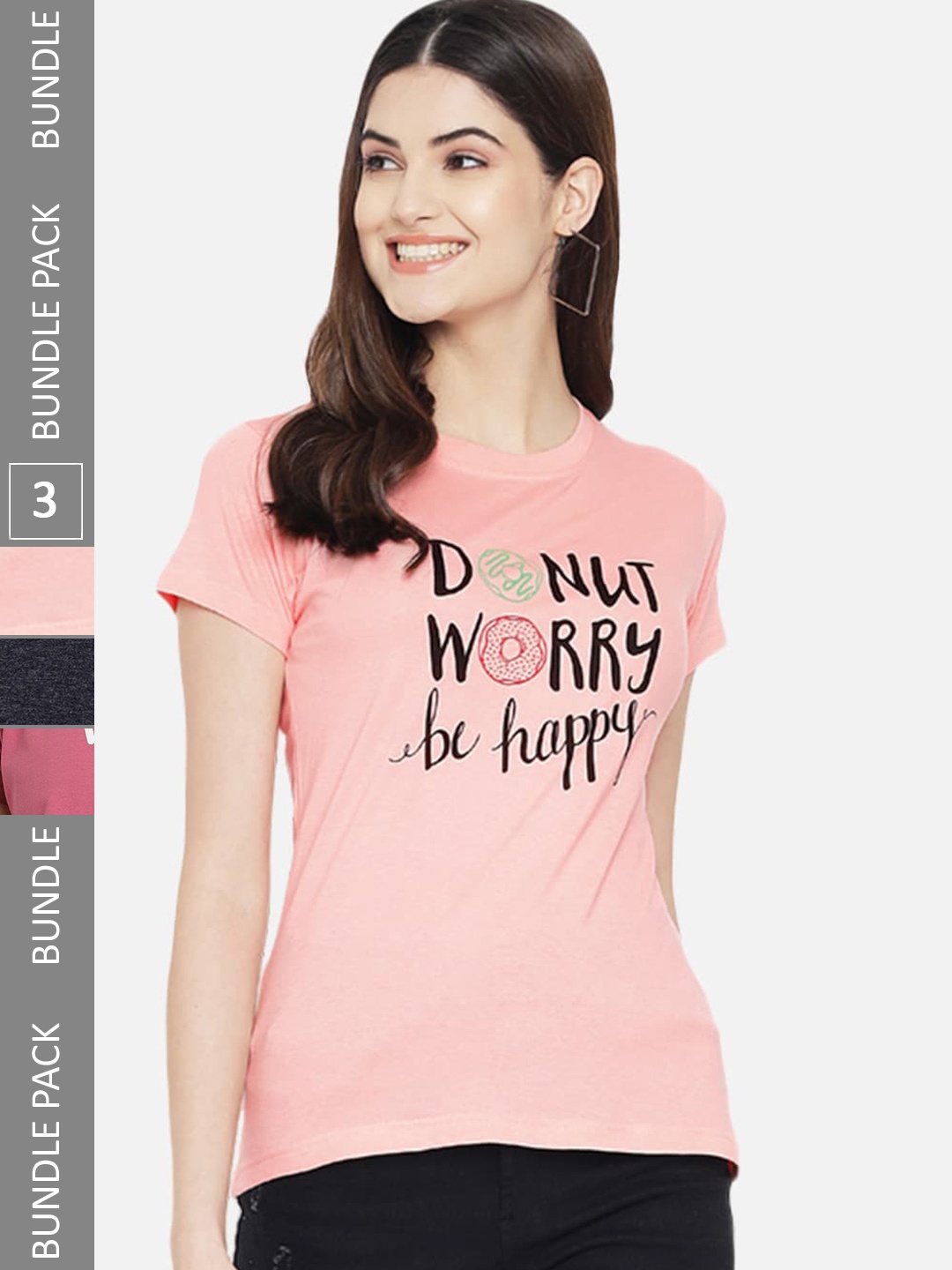 

Fabflee Pack Of 3 Typography Printed Cotton T-shirt, Peach