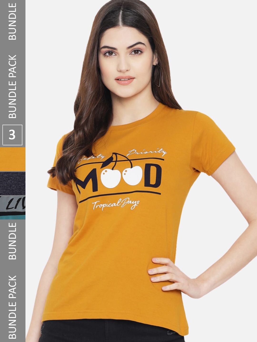 Fabflee Pack Of 3 Typography Printed Cotton T-shirt, Mustard
