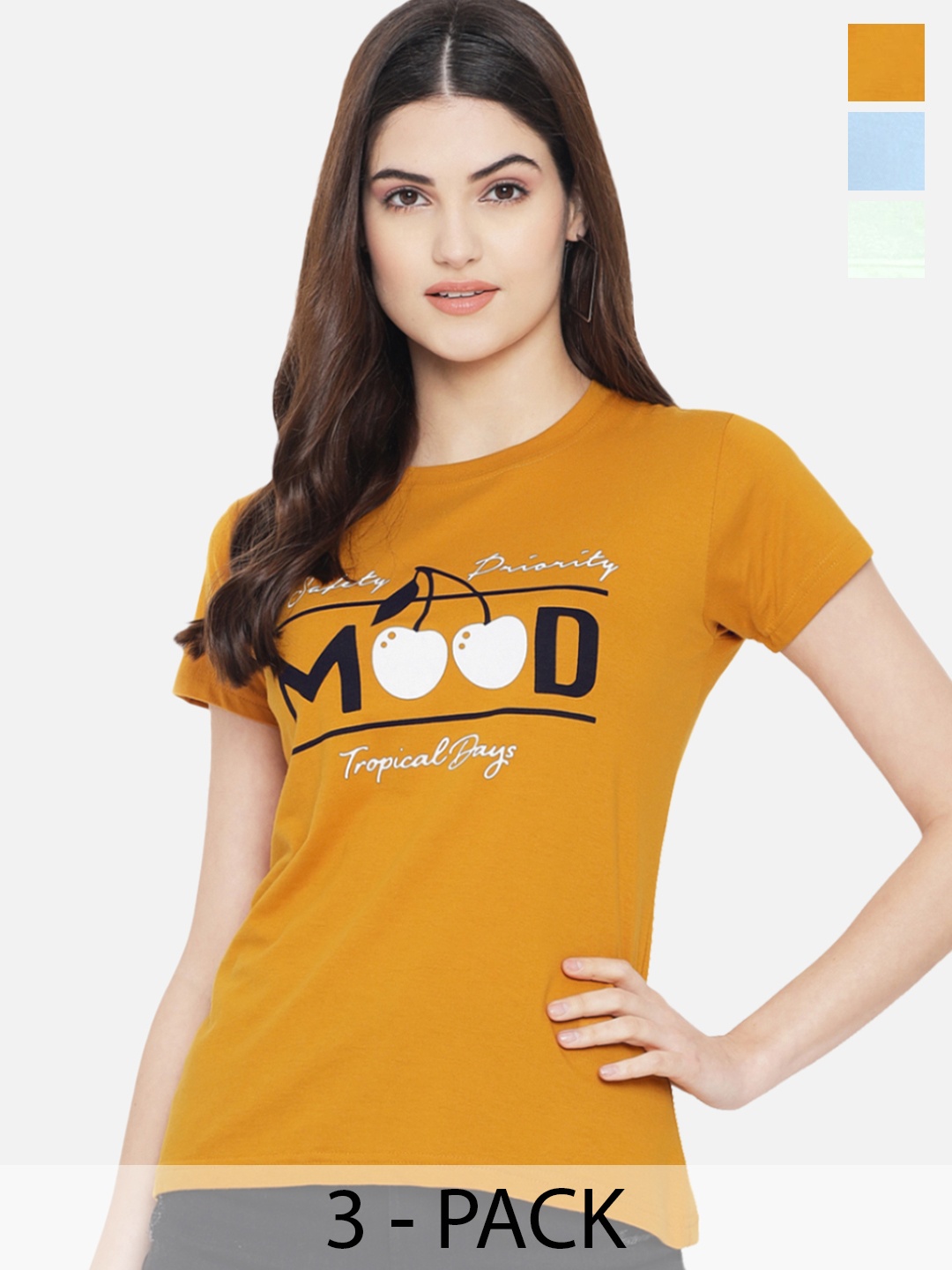 

Fabflee Pack Of 3 Typography Printed Cotton T-shirt, Mustard