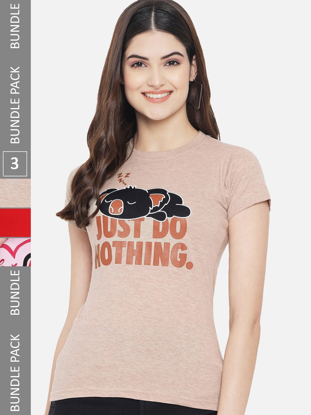 

Fabflee Pack Of 3 Typography Printed Cotton T-shirt, Beige