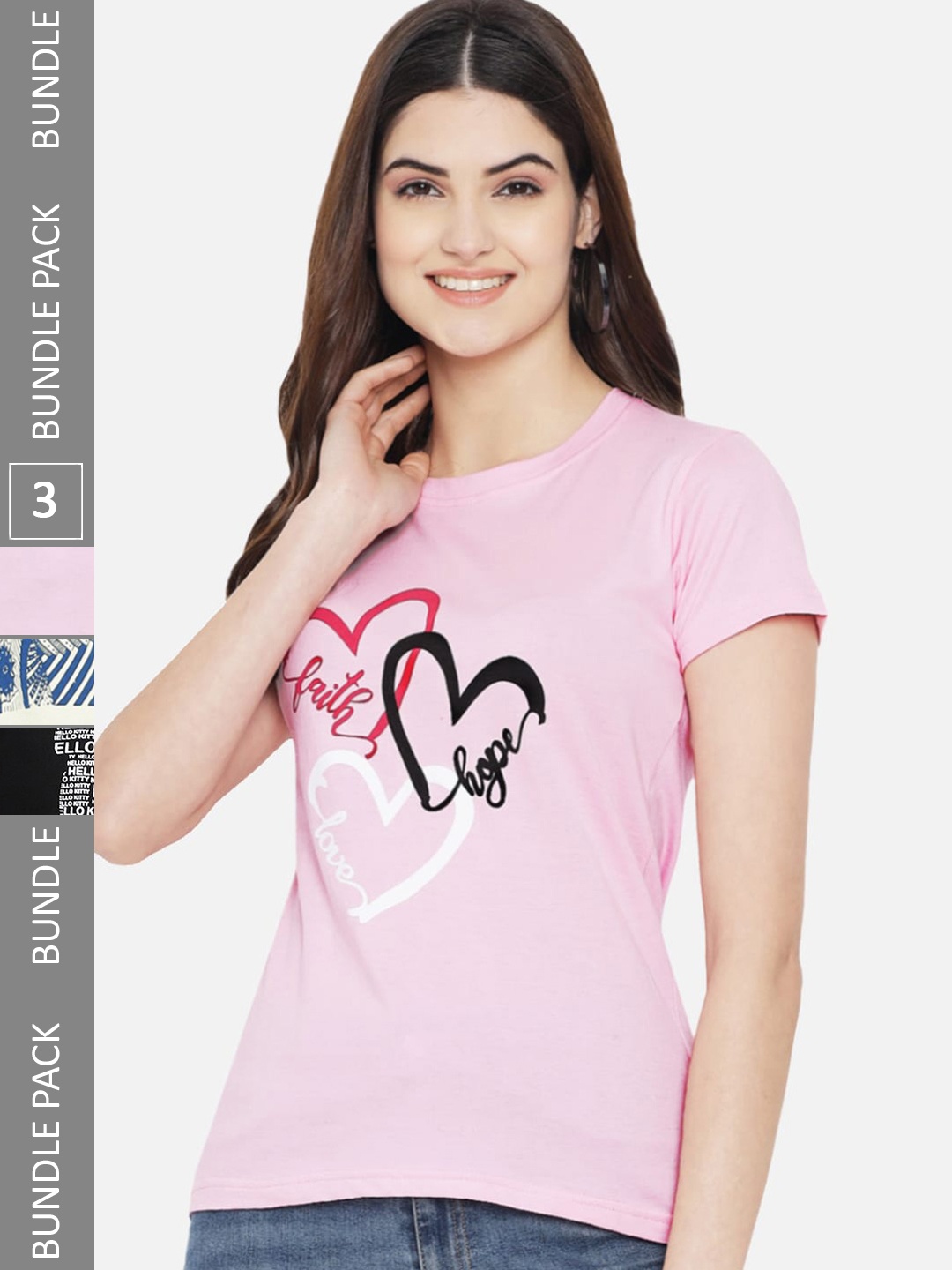 

Fabflee Pack Of 3 Typography Printed Cotton T-shirt, Pink