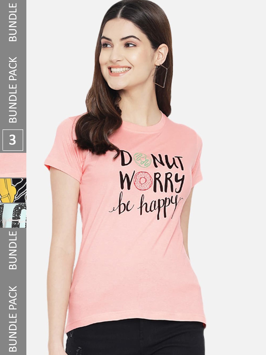 

Fabflee Pack Of 3 Typography Printed Cotton T-shirt, Pink