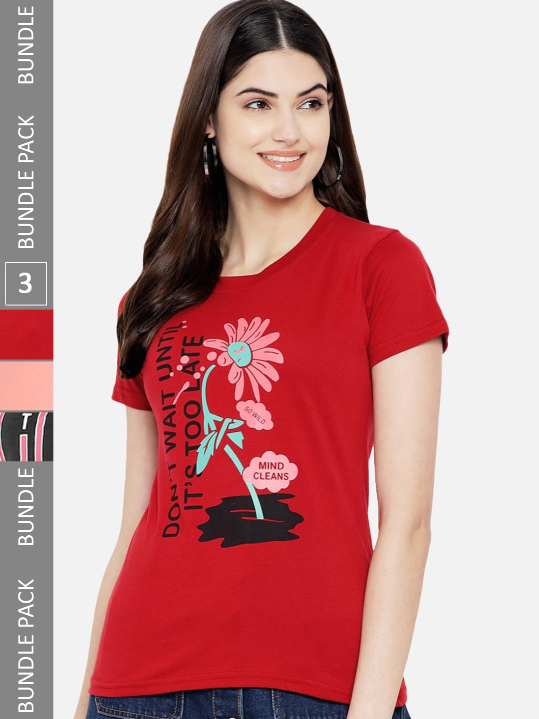 

Fabflee Pack of 3 Typography Printed Cotton T-shirts, Red