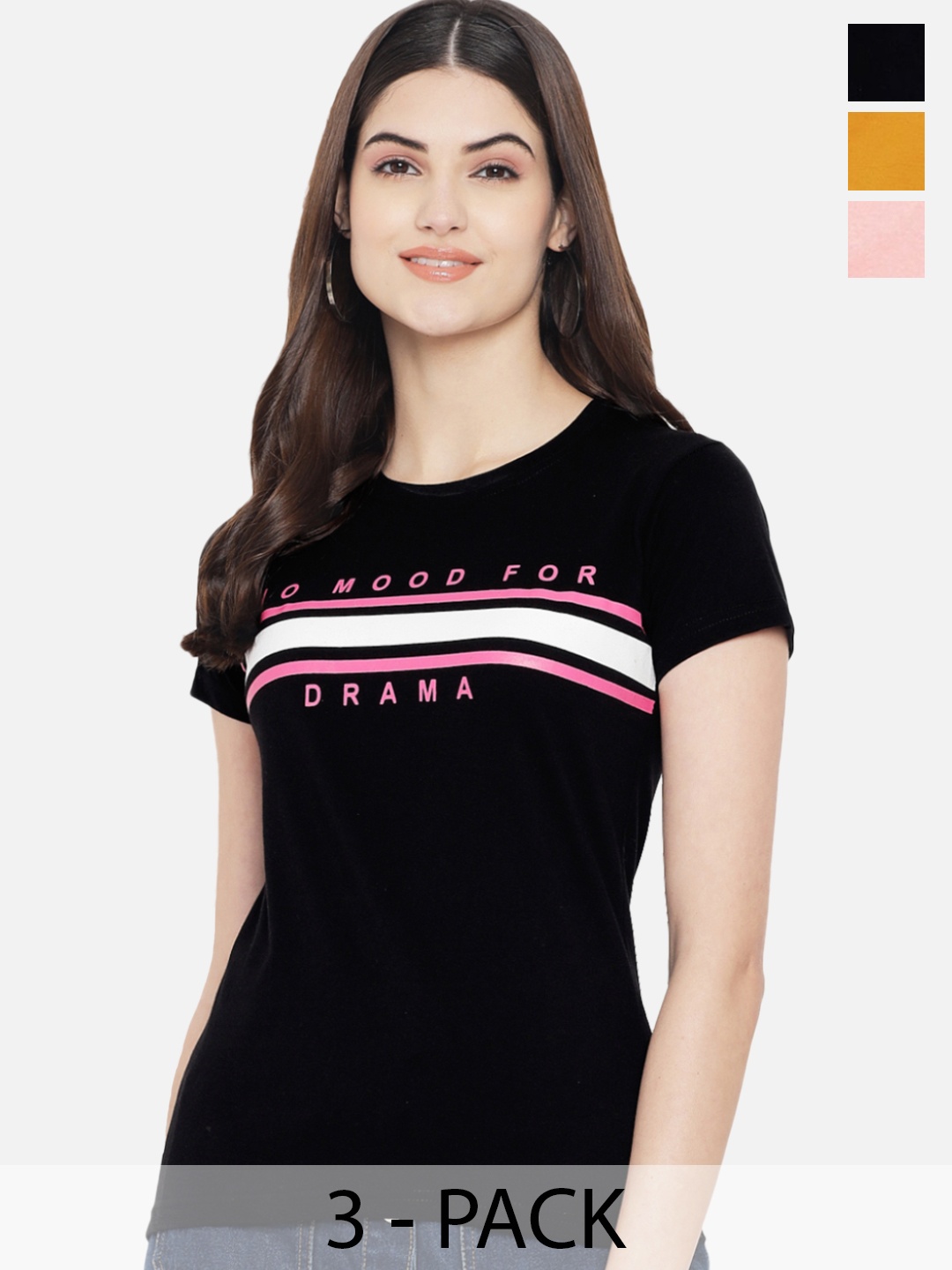 Fabflee Pack of 3 Typography Printed Cotton T-shirts, Black