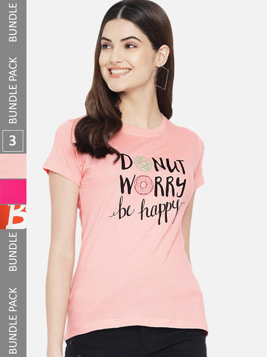 

Fabflee Pack Of 3 Printed Cotton T-shirt, Peach